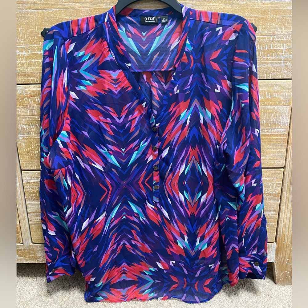 A.N.A Bold Geometric Print V-Neck Sheer Blouse